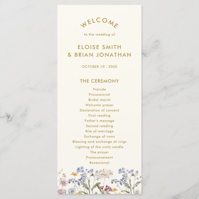 Colourful Spring Wildflower Meadow Gold Wedding  Programme (Front)