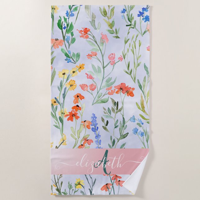 Colourful Spring Wildflower Meadow Monogram    Beach Towel (Front)