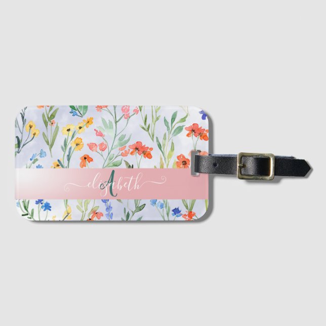 Colourful Spring Wildflower Meadow Monogram Luggage Tag (Front Horizontal)