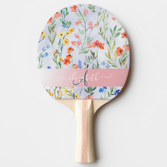 Colourful Spring Wildflower Meadow Monogram  Ping Pong Paddle (Front)
