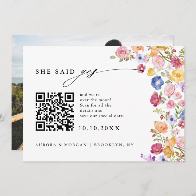 Colourful Spring Wildflower Meadow Photo QR code   Save The Date (Front/Back)