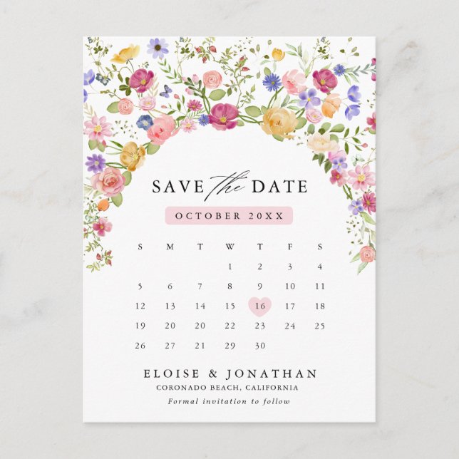 Colourful Spring Wildflower Meadow  Save the Date Postcard (Front)