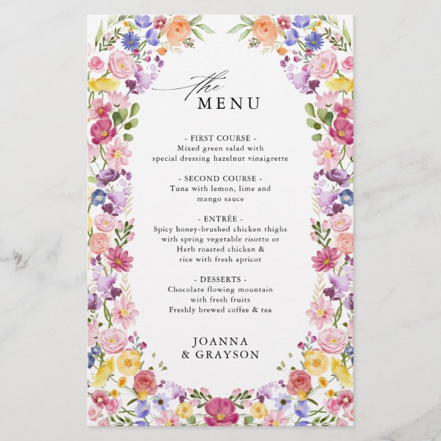 Colourful Spring Wildflower Meadow  Wedding Menu (Front)