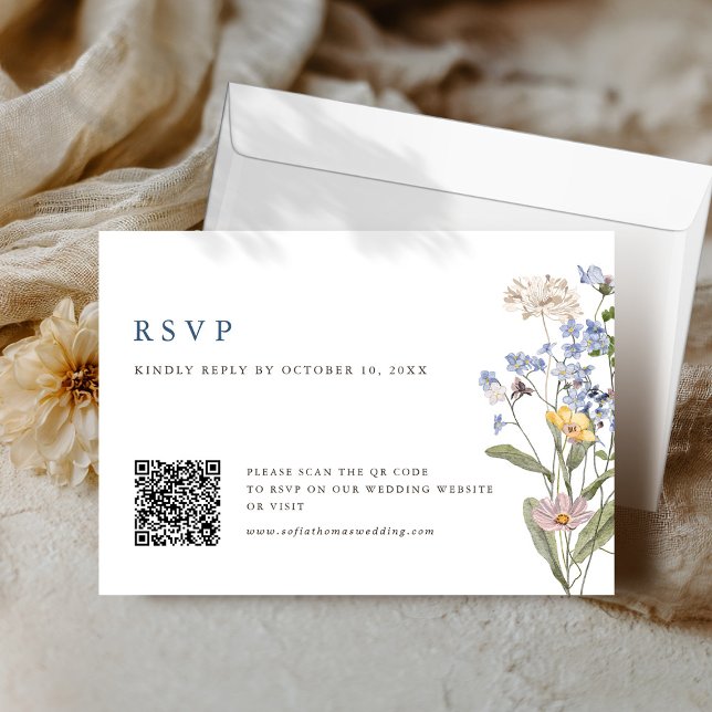 Colourful Spring Wildflower Meadow Wedding QR Code RSVP Card (Colorful Spring Wildflower Meadow Wedding QR Code RSVP Card)