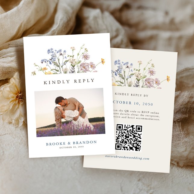 Colourful Spring Wildflower Meadow Wedding QR Code RSVP Card (Colorful Spring Wildflower Meadow Wedding QR Code RSVP Card with photo)