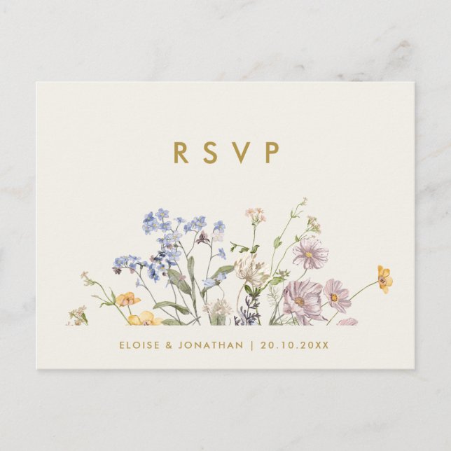 Colourful Spring Wildflower Meadow Wedding RSVP Postcard (Front)