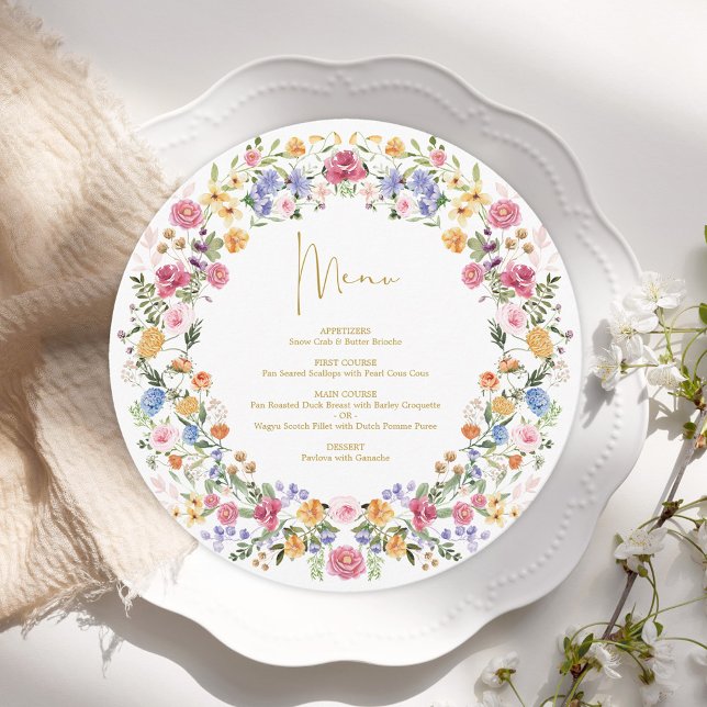 Colourful Spring Wildflower Round Charger Plate Menu (Creator Uploaded)
