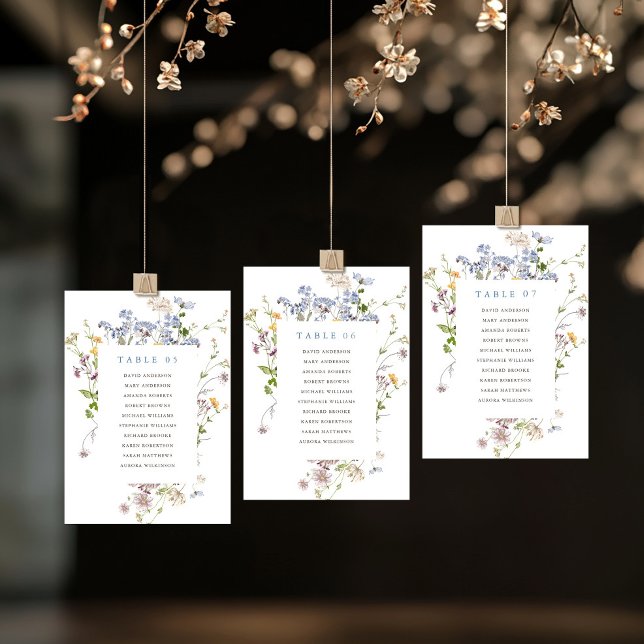 Colourful Spring Wildflower  Seating Chart card (Colorful Spring Wildflower meadow garden wedding table number Seating Chart card)