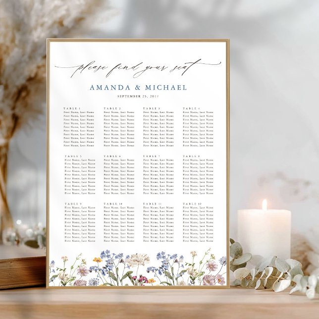 Colourful Spring Wildflower  Wedding Seating Chart (Colorful Spring Wildflower garden Wedding downloadable Seating Chart poster )