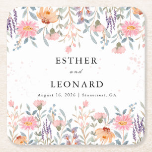Colourful Spring Wildflower Wedding Square Paper Coaster