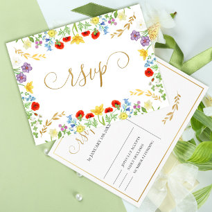 Colourful Spring Wildflower White Wedding RSVP  Postcard