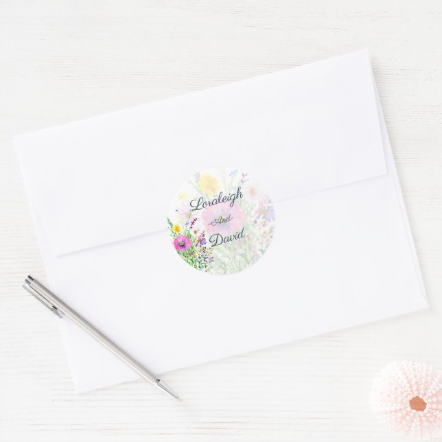 Colourful spring wildflowers custom Wedding Classic Round Sticker (Envelope)