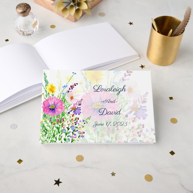 Colourful spring wildflowers custom Wedding Guest Book (Front Open)