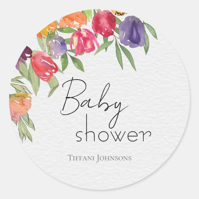 Colourful Springtime Tulips-themed Baby Shower Classic Round Sticker (Front)