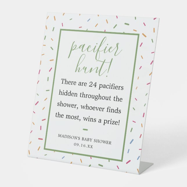 Colourful Sprinkles Baby Shower Pacifier Hunt Game Pedestal Sign (Front)