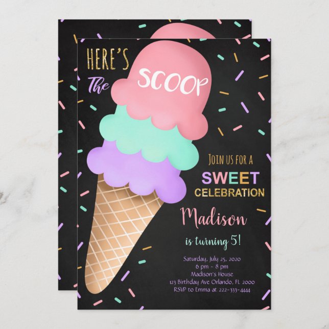 Colourful Sprinkles Black Ice Cream Invitation (Front/Back)