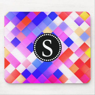 Colourful Square Geometric Pattern Black Monogram Mouse Mat