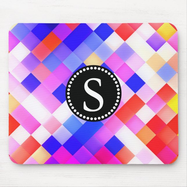 Colourful Square Geometric Pattern Black Monogram Mouse Mat (Front)