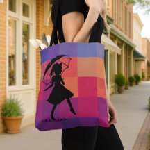 Colourful Square Print with Umbrella Girl Tote Bag