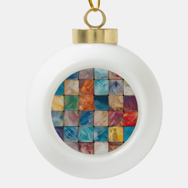 Colourful Squares Ceramic Ball Christmas Ornament (Front)
