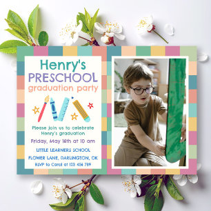 Colourful Squares Photo Preschool Graduation Invitation