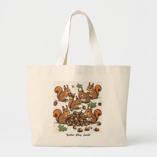 "Colourful Squirrel Acorn Hunt" Large Tote Bag (Front)