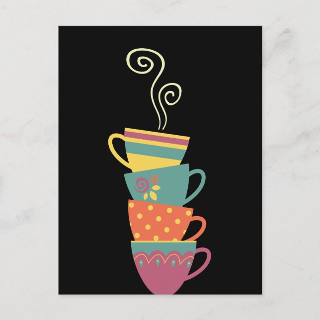 Colourful stacked tea/coffee cups, steam hot mugs postcard (Front)