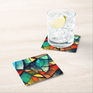 Colourful Stained Glass Abstraction Square Paper Coaster