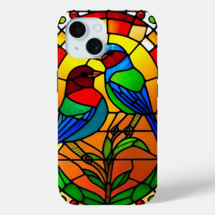 Colourful Stained Glass Artwork with Birds iPhone 15 Case