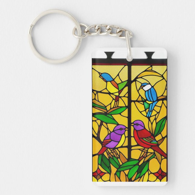 Colourful Stained Glass Artwork with Birds Key Ring (Front)