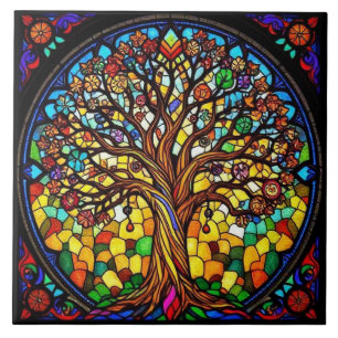 Colourful Stained Glass Big Tree Natured Inspired Tile
