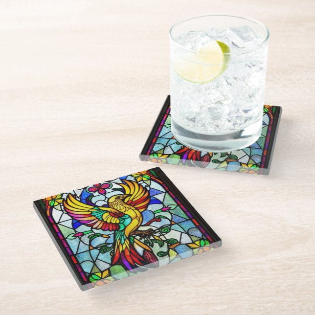 Colourful Stained Glass Bird Animal Inspired Glass Coaster (Angled)