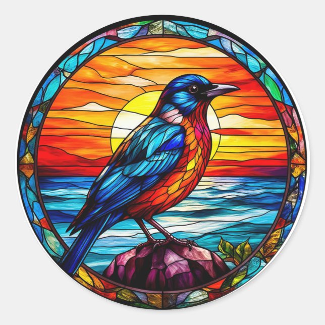 Colourful Stained Glass Bird Artwork Classic Round Sticker (Front)