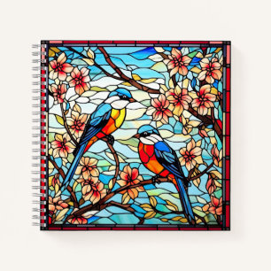 Colourful Stained Glass Birds on Flowering Branche Notebook