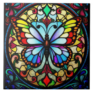 Colourful Stained Glass Butterfly Vibrant Art Tile
