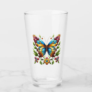 Colourful stained glass butterfly with flowers