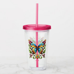 Colourful stained glass butterfly with flowers