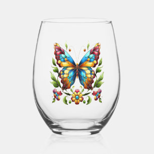 Colourful stained glass butterfly with flowers