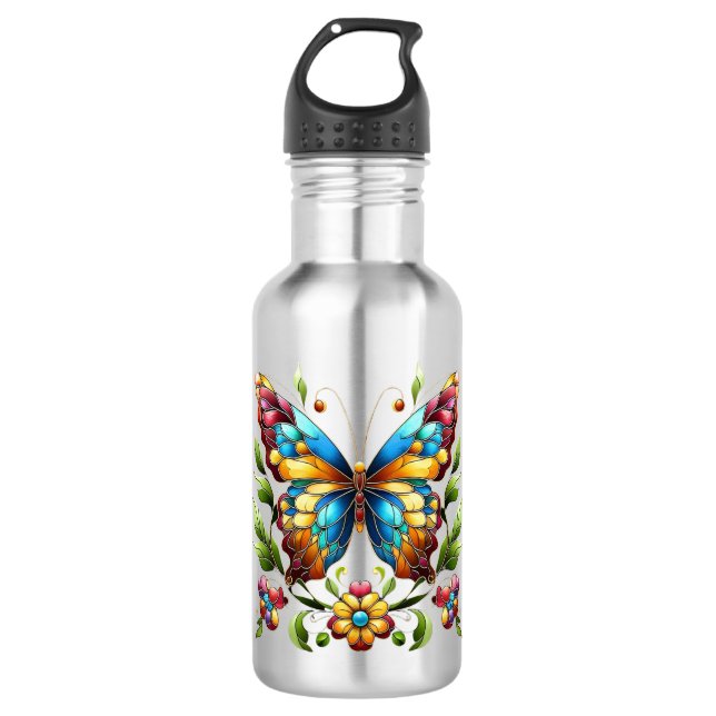 Colourful stained glass butterfly with flowers 532 ml water bottle (Front)