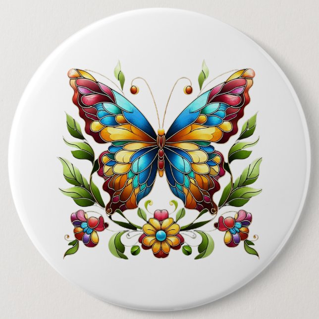 Colourful stained glass butterfly with flowers 6 cm round badge (Front)