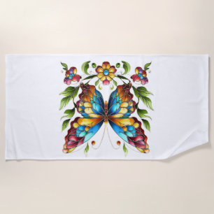 Colourful stained glass butterfly with flowers beach towel