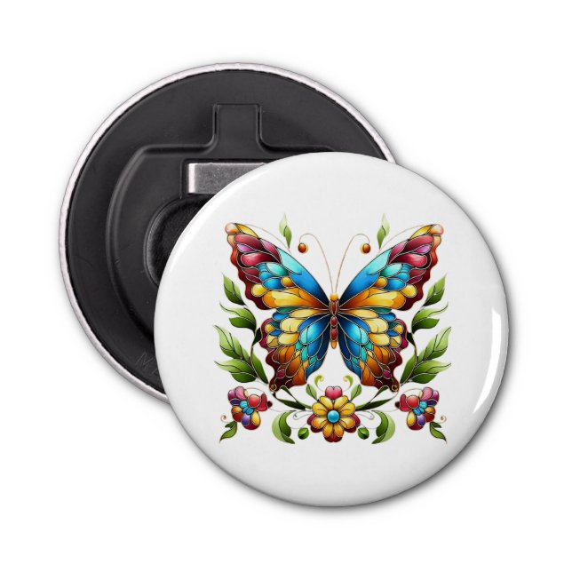 Colourful stained glass butterfly with flowers bottle opener (Front)