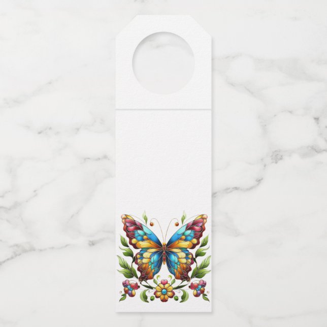 Colourful stained glass butterfly with flowers bottle tag (Front)