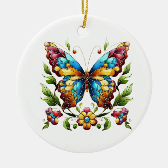 Colourful stained glass butterfly with flowers ceramic tree decoration (Front)
