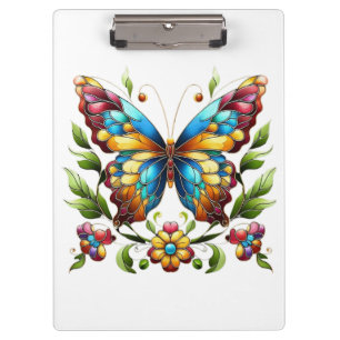 Colourful stained glass butterfly with flowers clipboard