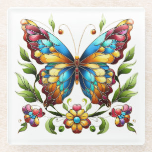Colourful stained glass butterfly with flowers coaster