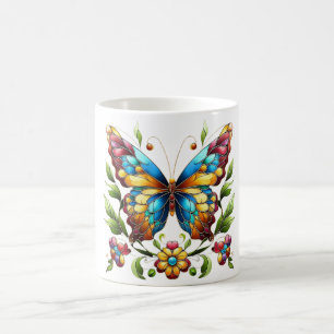 Colourful stained glass butterfly with flowers coffee mug