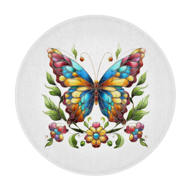 Colourful stained glass butterfly with flowers cutting board (Front)