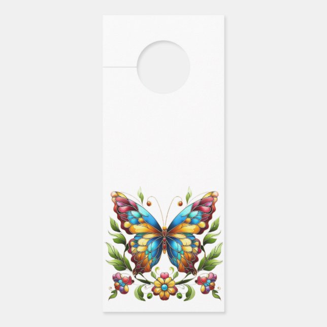 Colourful stained glass butterfly with flowers door hanger (Front)