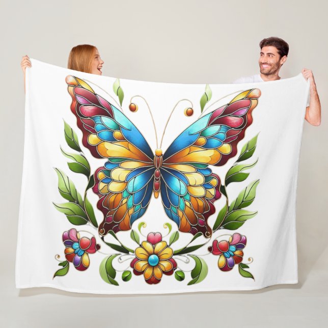 Colourful stained glass butterfly with flowers fleece blanket (In Situ)